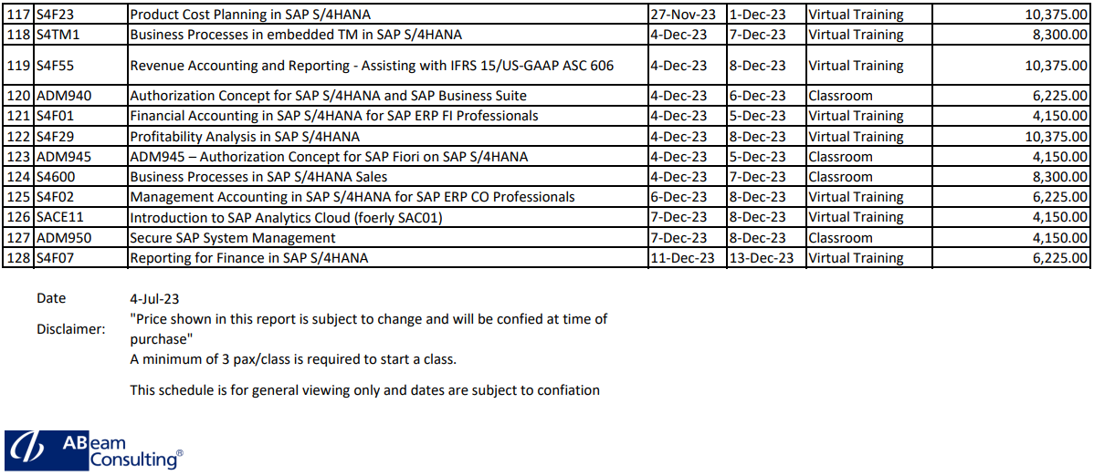 SAP Training Calendar 2023 ABeam Academy